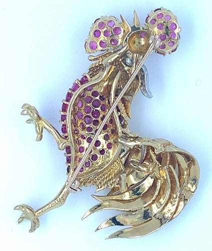 Tiffany & Co. 18k Yellow Gold and Platinum Ruby and Diamond Rooster Brooch - Picture 13 of 16