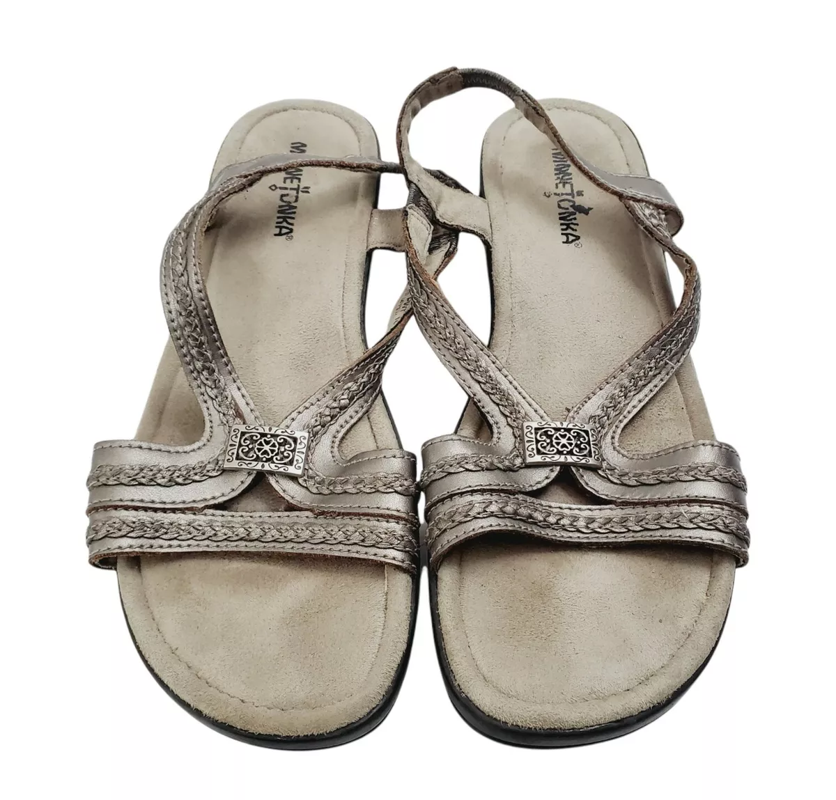 MINNETONKA Sandals Women s Size 10 Pewter Silver GALINA Slingback Leather
