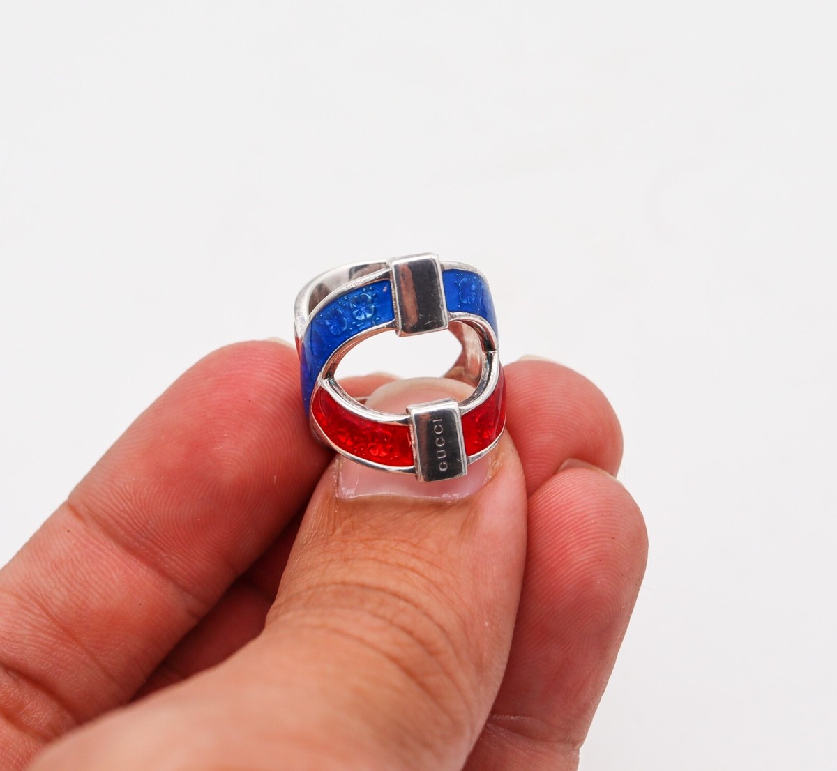 Gucci Milano Vintage Red And Blue Enamel Ring In Solid .925 