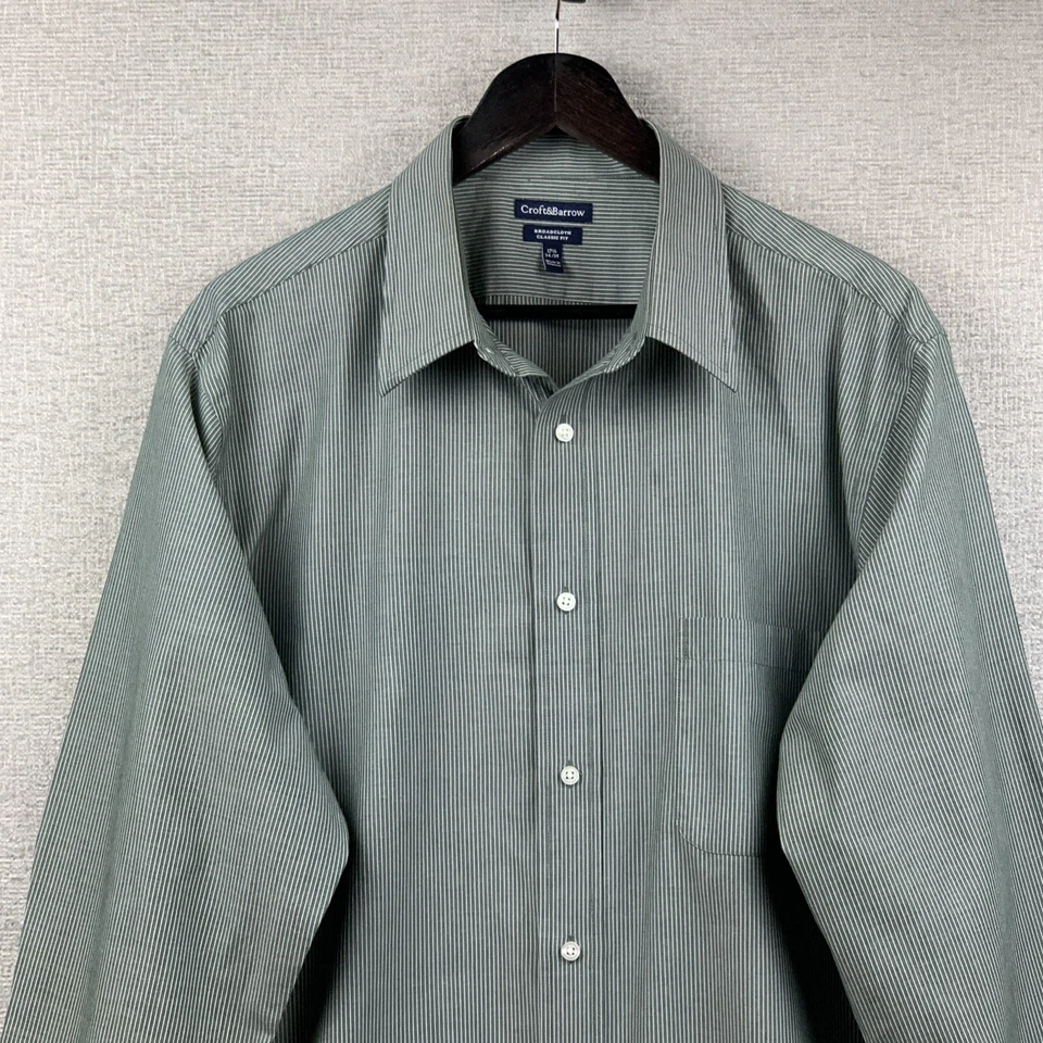 Camisa de vestir con botones Croft & Barrow para hombre 17 1/2 x 34/35 gris blanco a rayas Foto 2 de 4