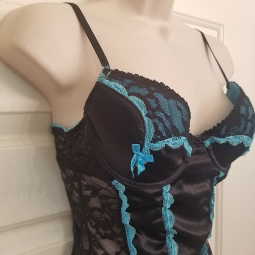 Native Intimates Brand Black Satin Mesh Lace and Turquoise Accent Corset SZ 34B - Picture 6 of 11