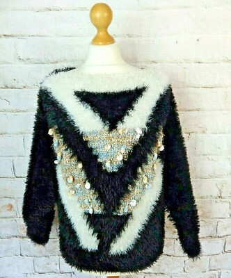 Vintage schwarz weiß behaart flauschig Shaggy Teddybär Pullover 12 M handgestrickt