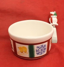 Pfaltzgraff Snow Bear Dip Mix Dish Bowl w/ Spreader Christmas Set Red Green