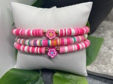 3 PC Set Heishi 7 Plus Stretch Bracelet Polymer Clay Beads Flower B3094