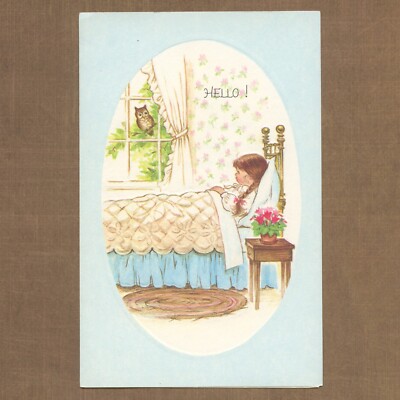 Cute Vintage GET WELL Card, Girl Sick Bed Owl Window by Brick Mill Studios + 