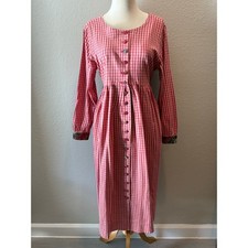 VTG HANDMADE Prairie Maxi Dress Full Button-Down Red Checkered LG Traditional