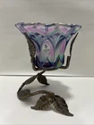 Fenton Art Glass Votive Candle Holder Metal Stand Iridescent Amethyst Violet  6”