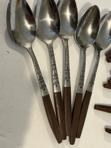 Vtg Interpur Teak Wood Handles Flatware Silverware Mid Century 21 Pieces - Picture 7 of 10