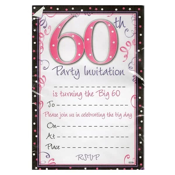 Happy 60th Birthday Invites x20 Party Envelopes Guest Invitation Pink Big 60 Fun