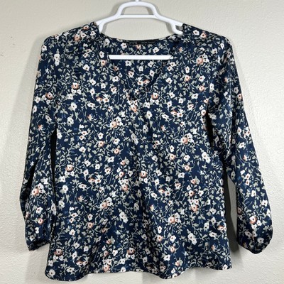 Zara Basic Blouse Womens S Navy Floral V-Neck Long Sleeve Flowy Top Pullover