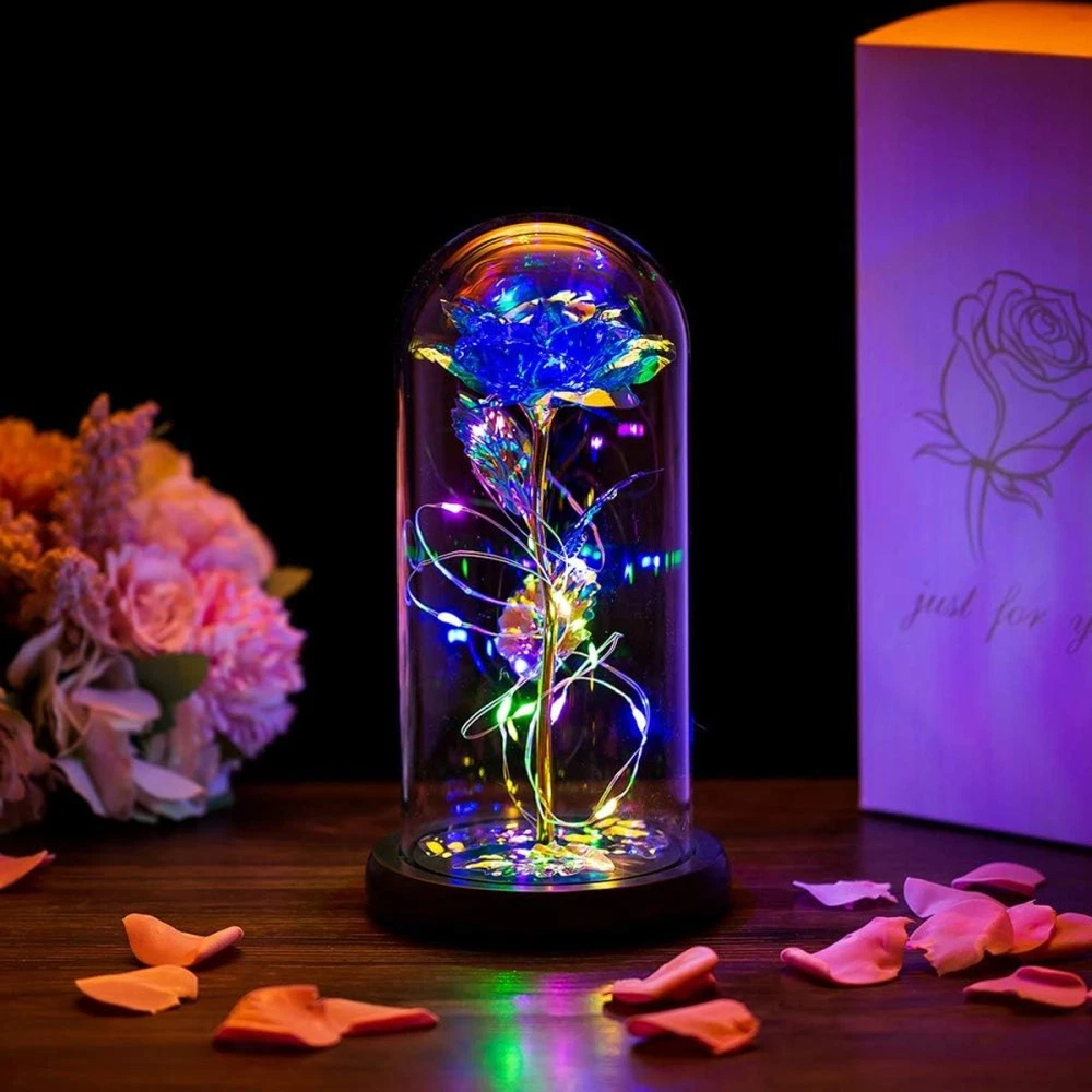 Die Schöne Und Das Biest Rose BoriYa Ewige Rose Im Glas Mit LED Licht - Romantisches Geschenk Für Frauen Mit Krone & Beleuchtung LED Rose Geschenk