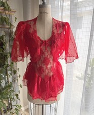 Vintage 80s Frederick's Of Hollywood Set Sheer Lace Babydoll  Shrug Red Medium