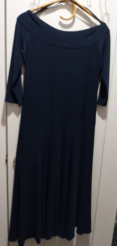 Joseph Ribkoff navy dress with belt 3/4 sleeve jersey stretch modified cocktail - Image 2 of 4