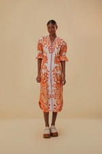 Farm Rio Orange Aura V Neck Midi Dress Size Large Excellent Condition