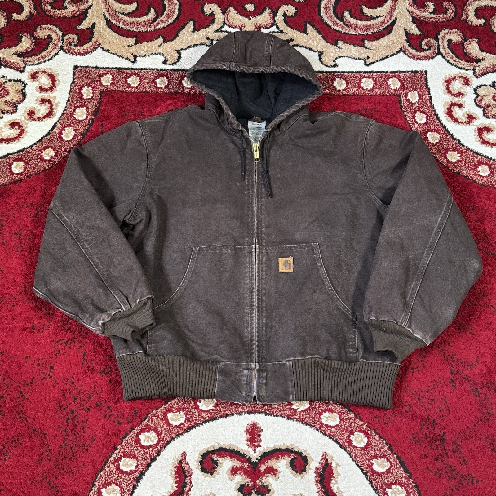 Vintage Carhartt Hooded Faded Dark Brown Canvas J130 DKB Quilted Jacket Size L