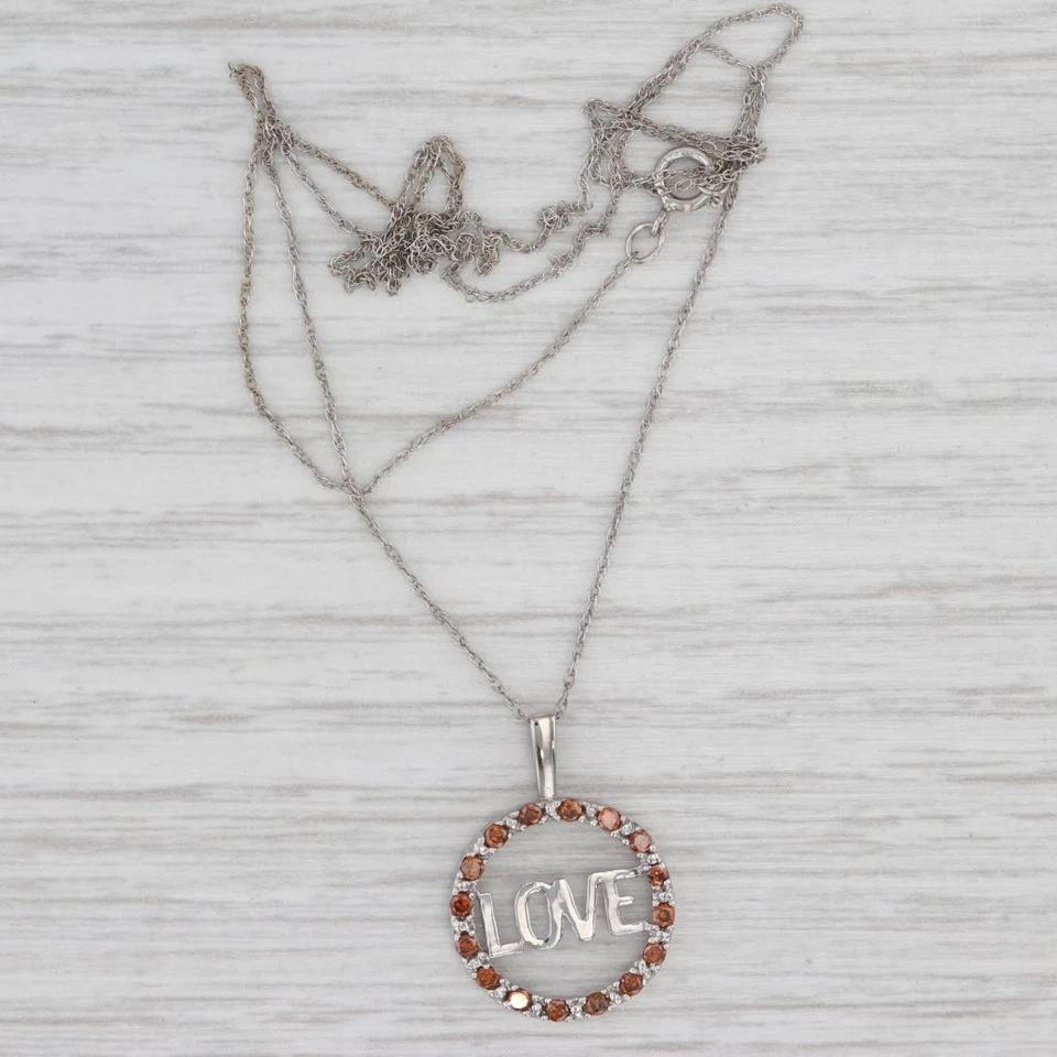 Ожерелье с подвеской в виде круга любви с коричневым оранжевым бриллиантом 0,24 карата белое золото 14 карат 18 дюймов - Изображение 2 из 4