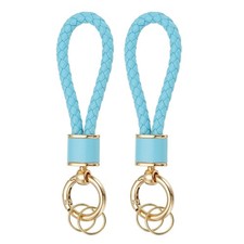 Confezione 2 Portachiavi In Pelle Intrecciata Per Borsa Auto Portafoglio, Oro/Originale Blu Cielo