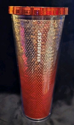 Starbucks 2018 Holiday Rose Gold Red Ombre Sequin Acrylic Cold Cup Tumbler 24 Oz