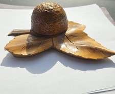 Vintage Hand Carved Wooden Ink Well Walnut On Leaves Slovakia Signed Korytnica