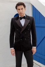 New Black Velvet Slim Fit Double Breasted Men's Tuxedo Satin Peak Lapel 40R/34W