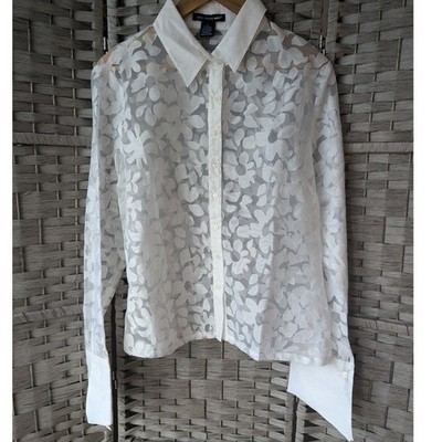 Crisp White Floral Burnout Sheer Linen Blend Long Sleeve Blouse Womens L Beach