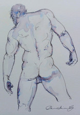 Ink Drawing Muscular Nude Male Standing Pose Original Back View Hand Drawn Art