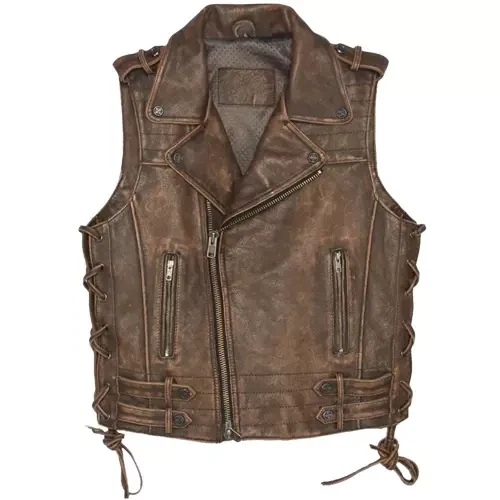 Men’s Distressed Brown Vintage Style Biker Waistcoat Motorcycle Riding Vest