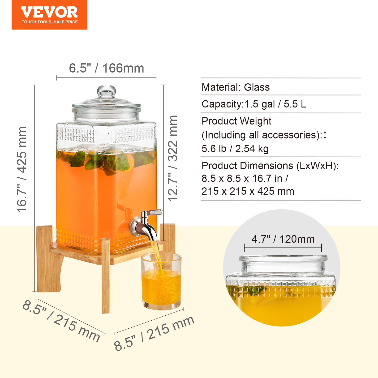 VEVOR Drink Dispenser 1.5 Gal Beverage Dispenser for Parties Glass with Stand