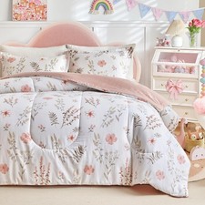 3pcs Floral Cotton Comforter Set for Girls, Pink Flowers n Leaves Botanical D...