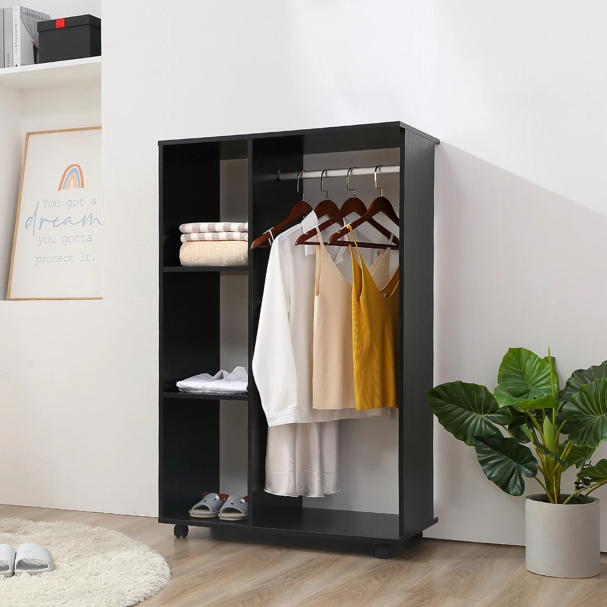 Open Wardrobe on Wheels With Rods and Shelves Clothes Shoes