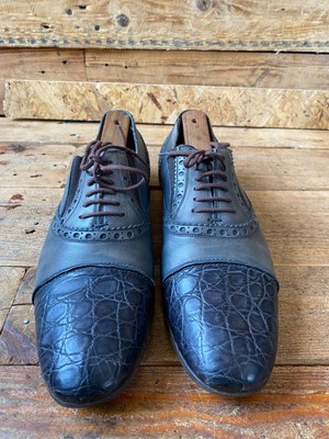 Gucci oxford exotic crocodile skin, patina blue leather  display picture 2