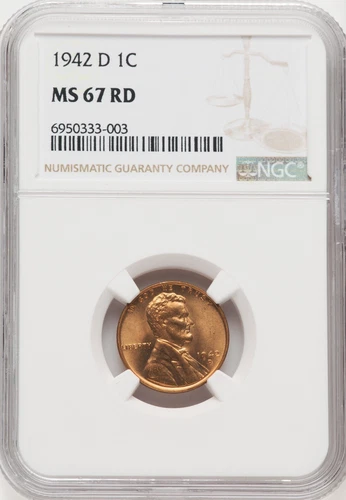 1942 D Lincoln Cent NGC MS67 Red