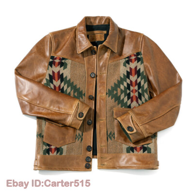 Mens 100% Real Leather Wool Vintage Button V-Neck Ethnic Style