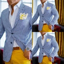 Men's Plaid Coat Slim Fit Blazer British Style Wedding Party Tuxedo Notch Lapel