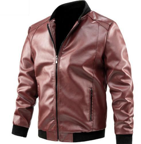 Men's Eco Leather Coat Motor Jacket Casual Slim Fit Warm Stand