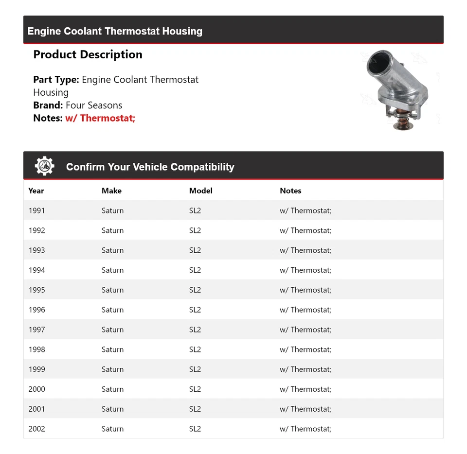 For 1991-2002 Saturn SL2 Engine Coolant Thermostat Housing 4 Seasons 1992 1993 - Image 2 of 4