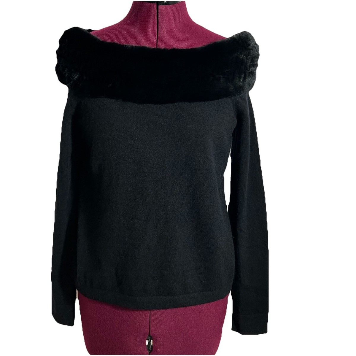 C By Bloomingdale's Cashmere Pullover Sweater Rabbit Fur Neckline