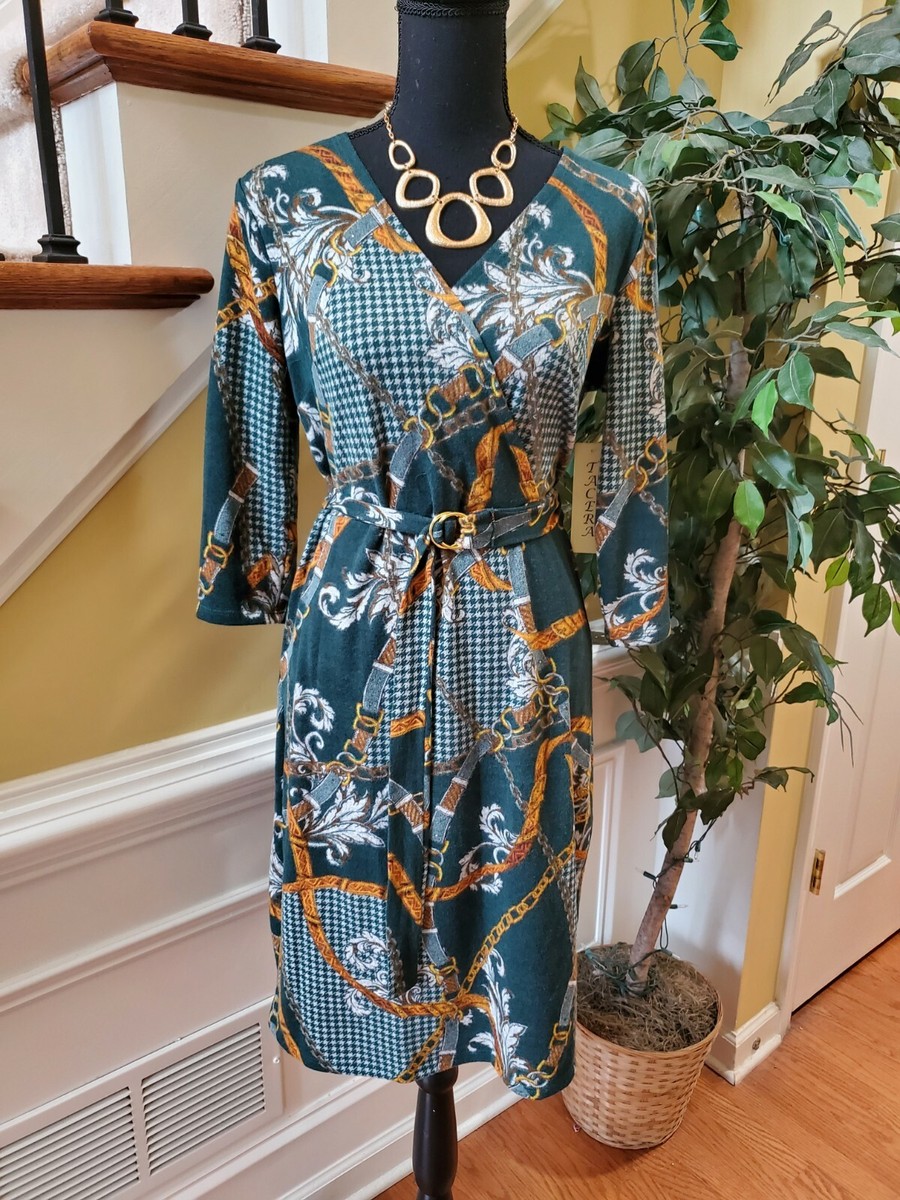 slim fit dress slacks Gold Foil Print Mini Wrap Dress with Slit in Dark Green and Gold