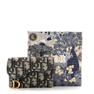 DIOR Saddle Bloom Card Holder, Blue Dior Oblique Jacquard
