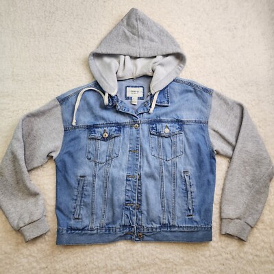 Forever 21 Denim Jean Jacket M Hooded Sleeves Grey Sweatshirt Y2K Retro  - Main Image