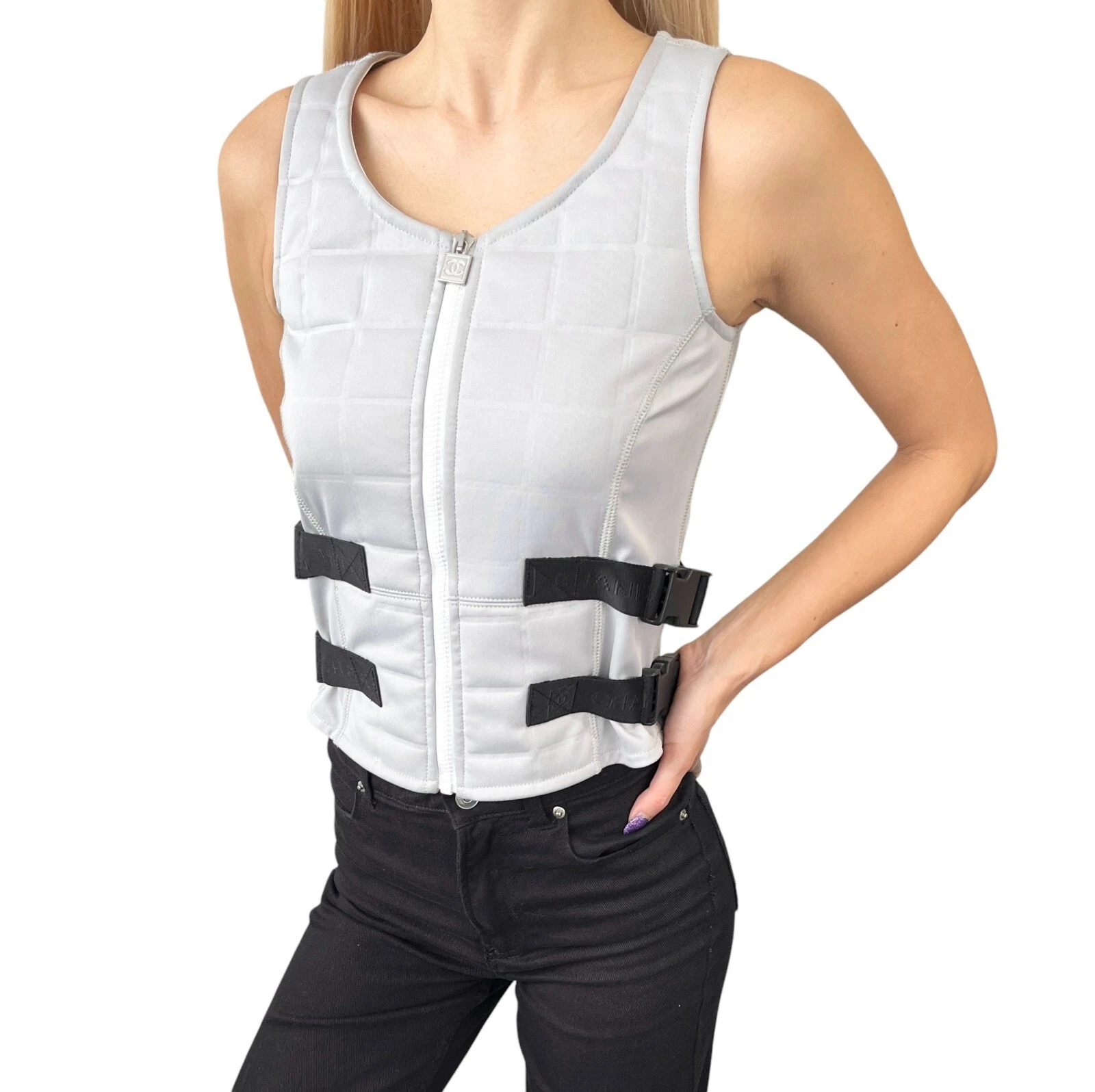 Giacca gilet CHANEL vintage 2004 logo CC Mark #38 grigio nero poliestere zip