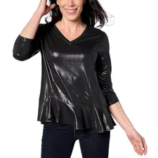 Attitudes by Renee Shimmer V-Neck Cha Cha Hem Top Midnight