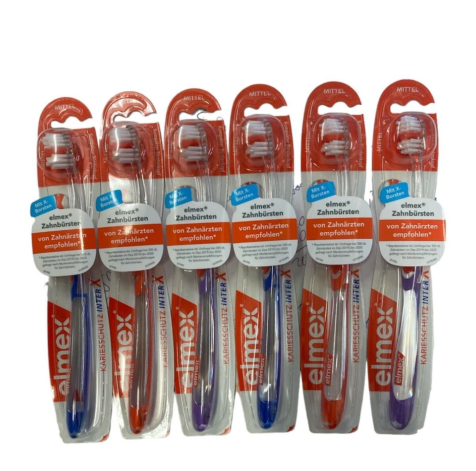 6x elmex Zahnbürste InterX Kariesschutz mittel (6 Stück) verschiedene Farben