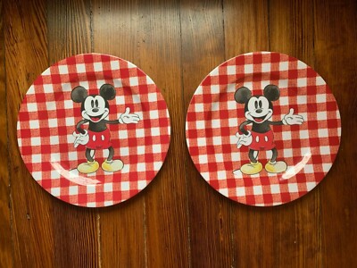 Pottery Barn Mickey Mouse holiday Plate Christmas plaid party gift Disney SET 2