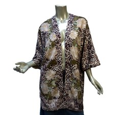 Chico's Kimono Top Animal Print S -M Floral Ecru Green Lined Open Front Ruana