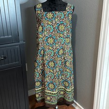 Sag Harbor Floral Sleeveless Dress Size 14 Brown Blue Green Retro Boho Midi