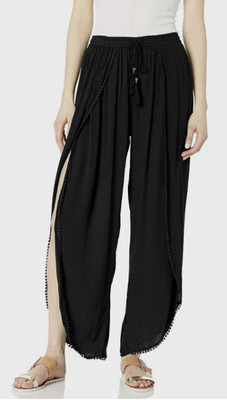 Angie Seersucker Open Side Leg Pants Size XS Black Trim Tassle Drawstring Boho