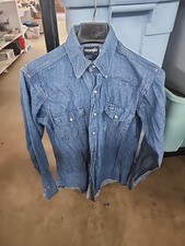 VTG Wrangler Denim Western Shirt 15x33 USA Made Pearl Snap Extra Long Tail