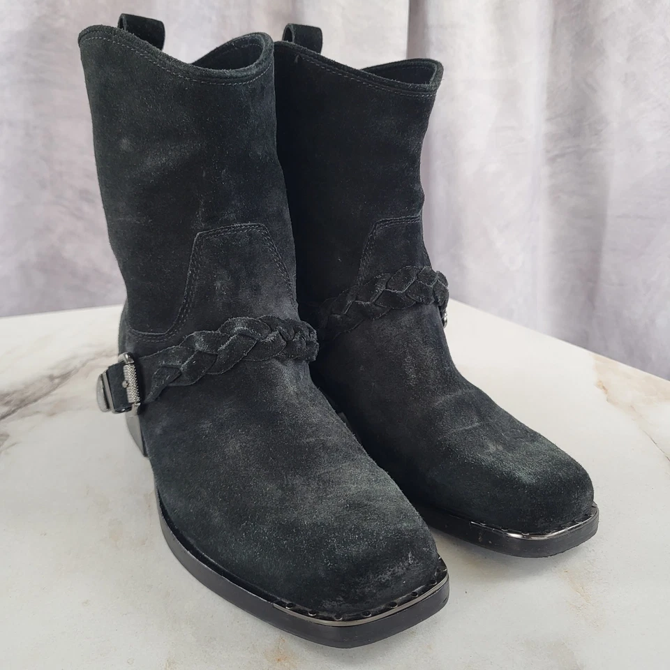 Belle Sigerson Morrison Braided Ankle Belt Squared Toe Suede Biker Boots Size 7B — 第 2/4 张图片