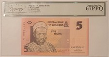 Nigeria 2006 5 Naira Bank Note Superb Gem New PPQ 67 Legacy Currency Grading